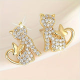 Golden Cat Zirconia Butterfly Stud Earrings